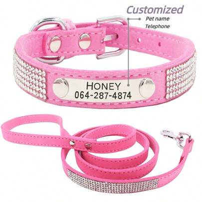 Personalized Dog Collar With ID Tag And Leash Set Including Rhinestone Dog Collar, Suitable For Large, Medium, And Small Dogs. Custom Engraved Pet Collar With Your Pet's Name And Related Information To Prevent Them From Getting Lost.