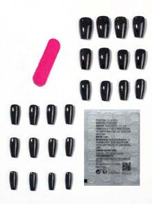 24 uñas postizas de forma de ataúd cortas y perfectamente ajustadas y un conjunto de uñas postizas negras minimalistas de longitud media, adecuadas para que las niñas y mujeres las usen en diferentes colores, mejorando instantáneamente su estilo. Suministros de uñas presionadas. - Negro - Ver 2