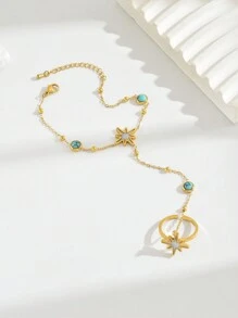 1 pièce Bague en acier inoxydable connectée à bracelet avec décoration en coquille blanche rayonnante et pierre de turquoise pour femmes, haut de gamme et polyvalent, idéal pour les célébrations, les vacances, les vacances à la plage sexy et accessoire de fête