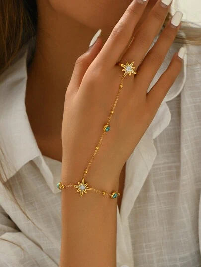 1 pieza de Anillo de dedo conectado y pulsera de acero inoxidable de moda para mujer con radiante decoración de concha blanca y piedra de turquesa, de alta gama y versátil, ideal para celebraciones, vacaciones, vacaciones en la playa sexy y accesorio para fiestas