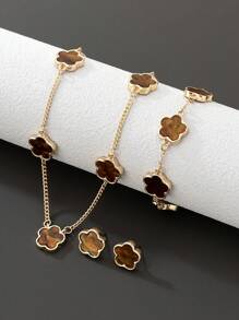1pc Simple & Classic Lucky Clover Pendant Necklace + 1pc Bracelet + 1pair Earrings Women's Jewelry Set Valentines,Mom,Mother,Mother's Day,Gift - Brown - View 3