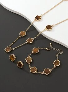 1pc Simple & Classic Lucky Clover Pendant Necklace + 1pc Bracelet + 1pair Earrings Women's Jewelry Set Valentines,Mom,Mother,Mother's Day,Gift - Brown - View 4