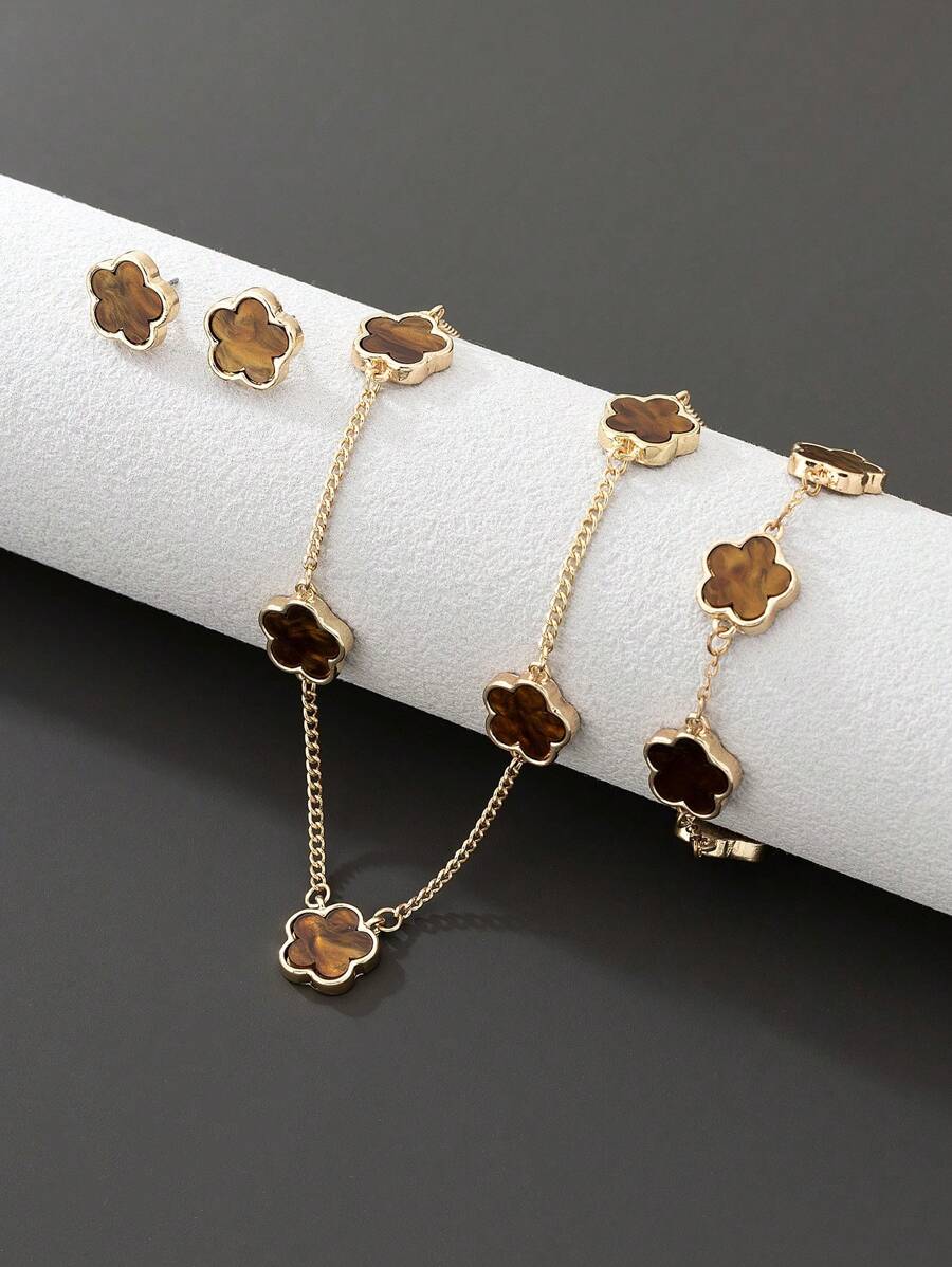 1pc Simple & Classic Lucky Clover Pendant Necklace + 1pc Bracelet + 1pair Earrings Women's Jewelry Set Valentines,Mom,Mother,Mother's Day,Gift - Brown - View 1