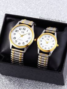 Ensemble de 2 montres rondes à cadran numérique en alliage avec mouvement à quartz pour couples, meilleur cadeau pour lui/elle
