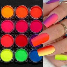 12 Colors Fluorescent  Nail Powder Set - Yellow Green Neon Gradient Glitter Pigment - UV Polish Dust Full Of Vitality, Shiny Nail Art Decoration - Long Lasting, Easy To Apply, Nail Art Kit - Multicolor - View 1