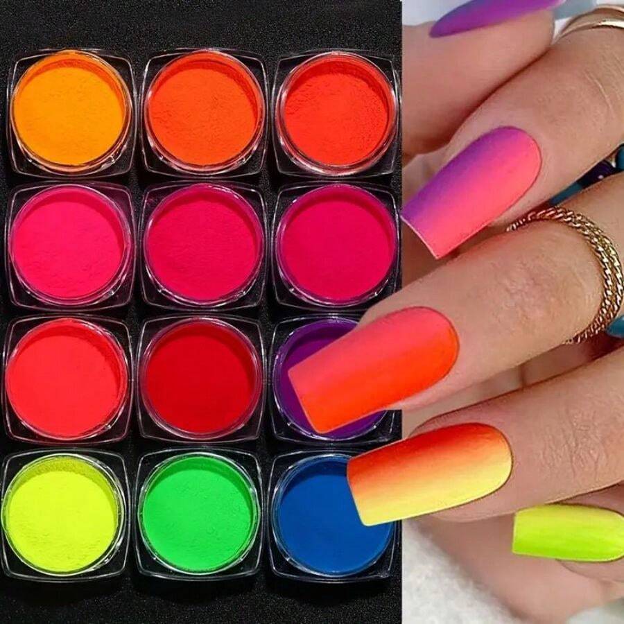 12 Colors Fluorescent  Nail Powder Set - Yellow Green Neon Gradient Glitter Pigment - UV Polish Dust Full Of Vitality, Shiny Nail Art Decoration - Long Lasting, Easy To Apply, Nail Art Kit - Multicolor - View 1