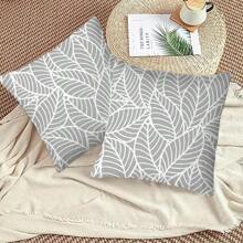 2pcs Tropical Plants Minimalist Grey Leaves Printed Pillowcase Cover 45cm*45cm For Home Furniture Decor, Bedroom, Living Room, Swings, Bed, Sofa, Chair - Grey - View 3