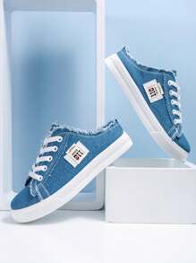 女士纯色帆布拖鞋，厚底圆头百搭系带透气一脚蹬鞋，女士鞋类 - 藍色 - 查看 5