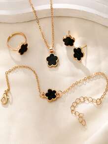 简约时尚 4 件装三叶草和五瓣花首饰套装（项链、耳环、手链、戒指）情人节 - 彩色 - 查看 3