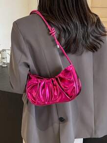 Solid Color, Shiny, Cloud Pleated, Fashion Metallic, Resort, Holiday, Collegiate Style Shoulder Bag & Crossbody Bag For Women - Hot Pink - View 4