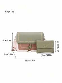 [Tamanho Grande: 22cm*15cm*8cm] Bolsa Feminina da Moda, Bolsa Transversal Versátil Nova, Design Colorblock Casual, Bolsa Quadrada Pequena, Alça Larga, Adequada para Festa, Encontro, Escola, Atividades ao Ar Livre, Pode Ser Usada como Presente. [Verde + Bolsa Pequena] - Verde - Visão 3