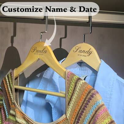 Personalized Customized Name Wooden Thick Clothes Hanger, Custom Engraved Bridal Wedding Dress/Groomsman, Bridesmaid Gift/Mother's Day/Father's Day Etching Gift, Handmade Clothes Hanger, Solid Wood Clothes Hanger, Housewarming Gift