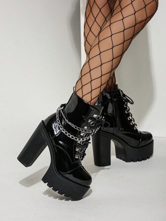 Gdgydh 側邊拉鍊高跟女靴，光澤表面皮革，金屬鏈條，歐美夜店靴，綁帶厚跟踝靴