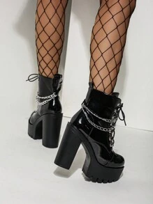 Gdgydh 側邊拉鍊高跟女靴，光澤表面皮革，金屬鏈條，歐美夜店靴，綁帶厚跟踝靴 - 黑色 - 查看 2