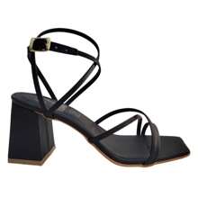 Sandalia Tacón Ancho Alto 7.5 Cm Tiras Delgadas Punta Cuadrada - Negro - Ver 3