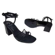 Sandalia Zapatilla Tacón Alto 8CM Tiras Gladiador Punta Semi Cuadrada - Negro - Ver 7