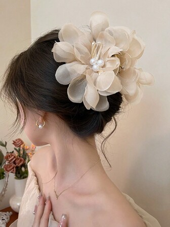 1pc Faux Pearl Decorated Super Fairy Pink Mesh Flower Hair Claw, Elegant And Versatile Hair Accessory Suitable For Traveling, Vacation, Gathering, Etc.,Flower Claw Valentine's Day Valentines Claw Clips Hair Clips Hair Jaw Clip Hair Clamps Hair Clutch Hair Catcher Clip, Casual Fall Winter Hair Accessories For Women