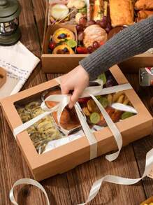2pcs Rectangular Brown Kraft Paper Boxes With Lid & Transparent Window, Multi-Purpose For Cakes, Fried Chicken, Pizza, Sandwiches, Fruits - Suitable For Picnics, Camping, Parties, Birthdays, Pizza Shops, Fried Chicken Shops - Brown - View 3