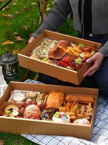 2pcs Rectangular Brown Kraft Paper Boxes With Lid & Transparent Window, Multi-Purpose For Cakes, Fried Chicken, Pizza, Sandwiches, Fruits - Suitable For Picnics, Camping, Parties, Birthdays, Pizza Shops, Fried Chicken Shops - Brown - View 2