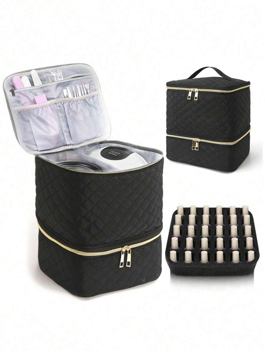 Double Layer Cosmetic Storage Box With Removable Nail Polish Organizer Liner, Large Capacity Makeup Storage Bag, Suitable For Travel, Vanity, Salon And Home Use - Black - View 1