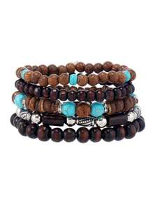 5pcs/Set Bohemian Style Fashionable Wood Bead, Patterned Alloy Leaf And Multi-Layered Bracelet For Men's Daily Wear, Suitable As A Gift For Friends - Multicolor - View 15