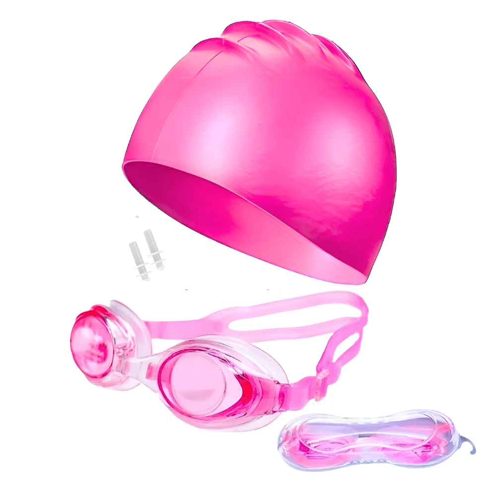 Kit Natação Touca Óculos Estojo Protetor de Ouvidos Criança - Rosa Bebê - Visão 1