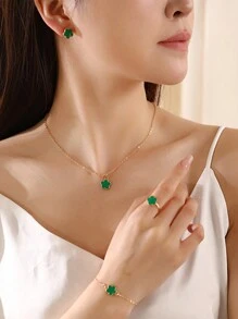 简约时尚 4 件装三叶草和五瓣花首饰套装（项链、耳环、手链、戒指）情人节 - 彩色 - 查看 1