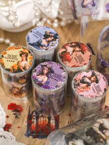 1 rollo de cinta PET troquelada, patrón de onda de rosa, pegatinas retro de personas y niñas para cinta decorativa de material para DIY Journaling - Multicolor - Ver 11