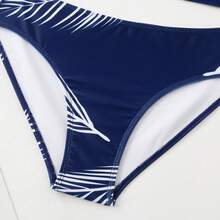 Conjunto de bikini estampado de moda con cubretraje para mujeres, traje de baño de primavera térmica retro francés para playa de verano - Azul Marino - Ver 7