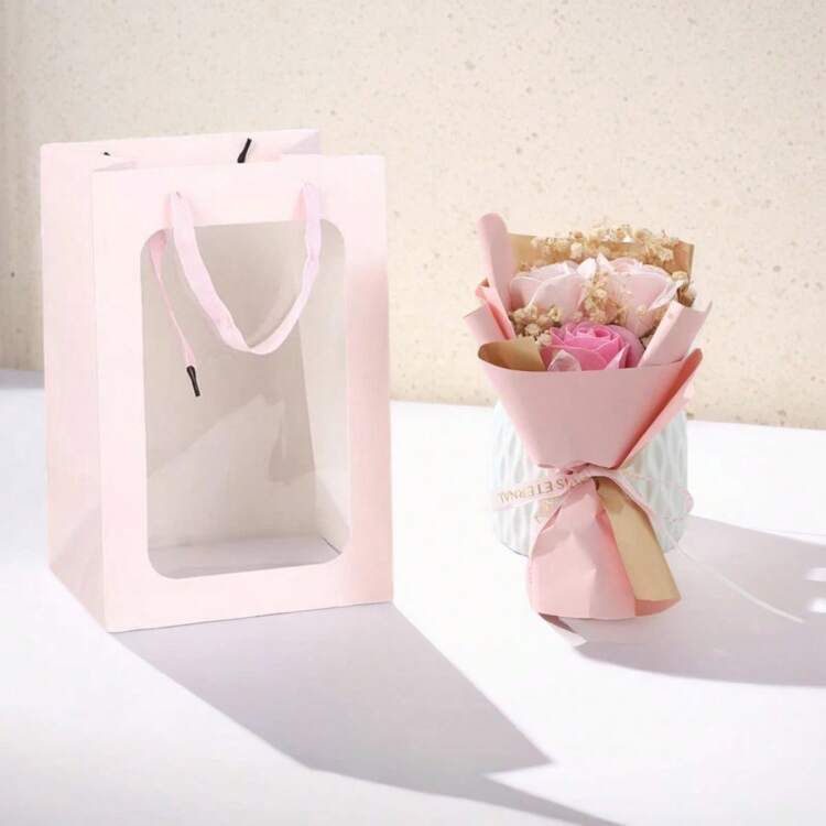 1 人造花束包含 3 朵假玫瑰、人造满天星满天星、鲜花包装纸、20cmx13cm 永生香皂花，适合作为生日或周年纪念礼物送给妈妈、闺蜜、朋友、母亲节情人节礼物、婚礼纪念品和节日派对家居餐桌装饰礼物、情人节、礼物 - 粉色 - 查看 12