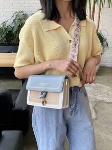 [Large Size: 8.7 Inches * 5.9 Inches * 3.14 Inches] Fashion Women's Handbag, Versatile New Crossbody Bag, Casual Color Block Design, Small Square Bag, Wide Strap, Suitable For Party, Date, School, Outdoor Activities, Also Can Be Used As A Gift. - Blue and White - View 5