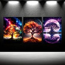 Lot de 3 pièces avec cadre Art mural moderne de l'arbre de vie, peinture sur canevas pour la décoration de la salle de séjour - Multicolore - Voir 2