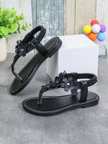 1 Paar schwarz handgefertigte Sandale mit Perlblumen-Design, runde Zehenkappe, flach, bequem und süß für Baby Mädchen, geeignet für 3-12 Jahre, ideal für Urlaub, Outdoor, Partys oder lässiges Sommeroutfit - Schwarz - Übersicht 3