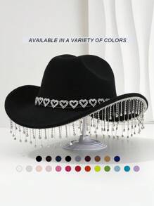 1 buc. Pălărie Fedora în stil britanic, unisex, culoare solidă, cu decor cu stras și ciucuri în formă de inimă, pălărie de cowboy elegantă pentru doamne singure, pălărie de vacanță în stil boem, pălărie unică KJ cadou Pălărie cu boruri largi, estetică elegantă, primăvară vară, culori strălucitoare, potrivită pentru evenimentele tematice occidentale , petreceri, petreceri de logodnă, cosplay, ceremonii de absolvire, petreceri costumate, festivaluri, nunți, sărbători de naștere, festivaluri de muzică - iubesc strasuri - Vizualizare 1