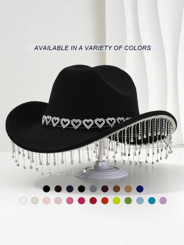1pc Women's Unisex Solid Color British Style Fedora Hat With Heart Shaped Rhinestone & Tassel Decor, Elegant Cowboy Hat For Single Ladies, Bohemian Style Vacation Hat, Unique KJ Gift Hat Wide Brimmed Hat, Classy Aesthetic, Spring Summer Bright Colors, Suitable For Western Themed Events, Parties, Engagement Parties, Cosplay, Graduation Ceremonies, Costume Parties, Festivals, Weddings, Birthday Celebrations, Music Festivals