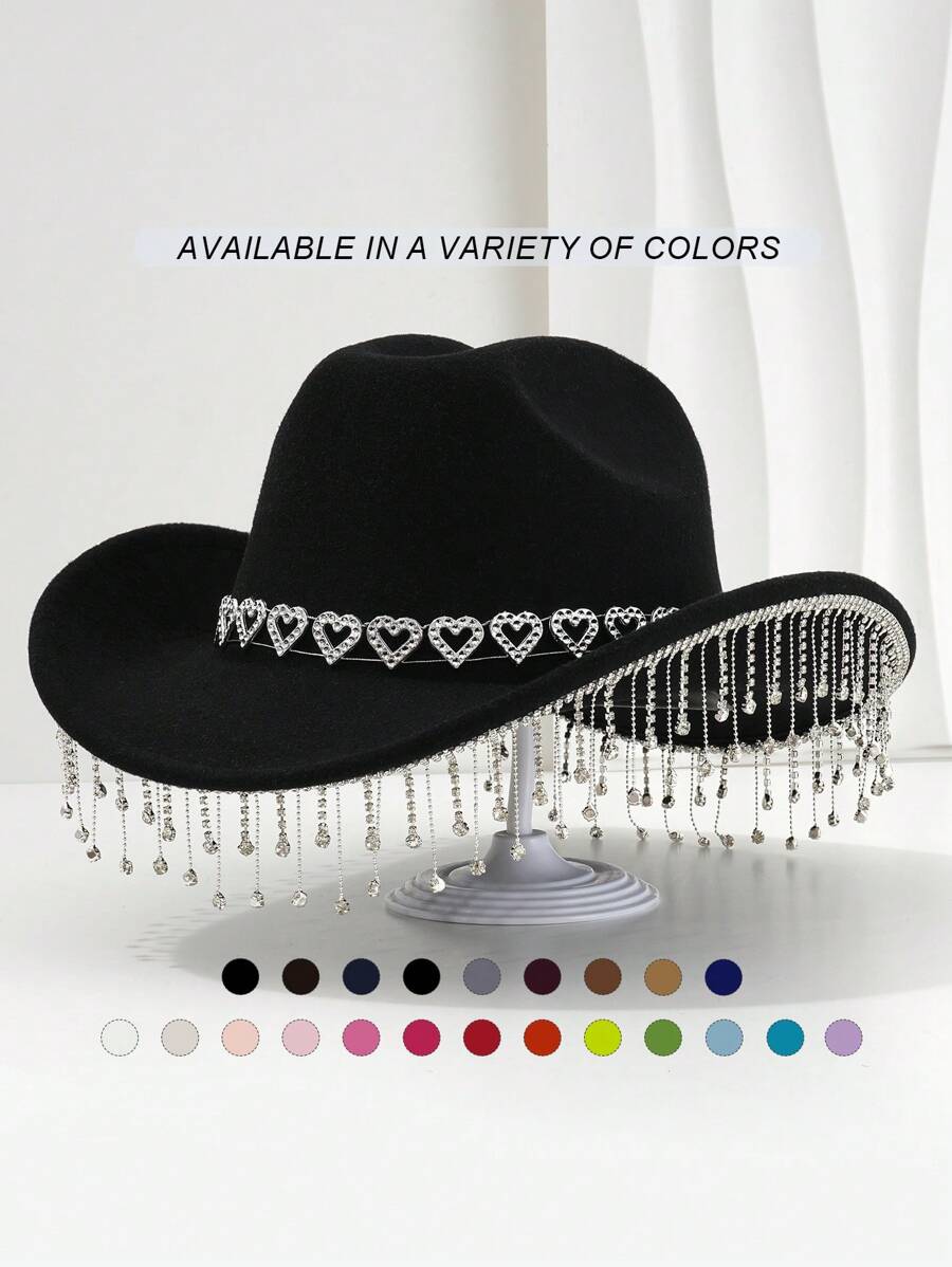 1 buc. Pălărie Fedora în stil britanic, unisex, culoare solidă, cu decor cu stras și ciucuri în formă de inimă, pălărie de cowboy elegantă pentru doamne singure, pălărie de vacanță în stil boem, pălărie unică KJ cadou Pălărie cu boruri largi, estetică elegantă, primăvară vară, culori strălucitoare, potrivită pentru evenimentele tematice occidentale , petreceri, petreceri de logodnă, cosplay, ceremonii de absolvire, petreceri costumate, festivaluri, nunți, sărbători de naștere, festivaluri de muzică - iubesc strasuri - Vizualizare 1