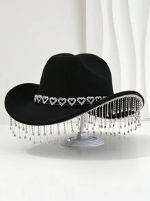 1 buc. Pălărie Fedora în stil britanic, unisex, culoare solidă, cu decor cu stras și ciucuri în formă de inimă, pălărie de cowboy elegantă pentru doamne singure, pălărie de vacanță în stil boem, pălărie unică KJ cadou Pălărie cu boruri largi, estetică elegantă, primăvară vară, culori strălucitoare, potrivită pentru evenimentele tematice occidentale , petreceri, petreceri de logodnă, cosplay, ceremonii de absolvire, petreceri costumate, festivaluri, nunți, sărbători de naștere, festivaluri de muzică - iubesc strasuri - Vizualizare 4
