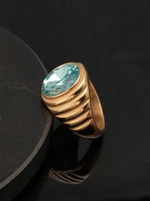 European And American Stainless Steel Plated Gold Ring, Stainless Steel 316 Synthetic Aquamarine Ring, Father's Day Gift, Holiday Gift