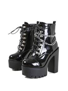 Gdgydh 側邊拉鍊高跟女靴，光澤表面皮革，金屬鏈條，歐美夜店靴，綁帶厚跟踝靴 - 黑色 - 查看 7