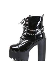 Gdgydh 側邊拉鍊高跟女靴，光澤表面皮革，金屬鏈條，歐美夜店靴，綁帶厚跟踝靴 - 黑色 - 查看 9