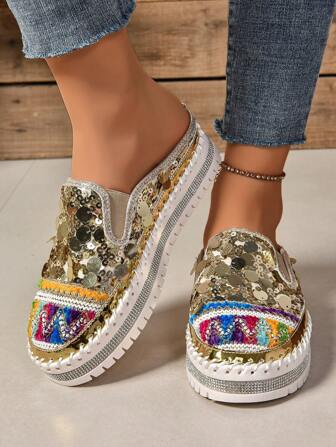 Women's Shiny Slippers With Feature Stitching And Comfortable Durable Semi-Enclosed Toe, Perfect For Summer Outings