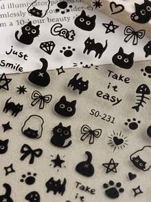 4入組3D黑白卡通可愛貓咪美甲貼紙貓星字母金色美甲滑片Y2K韓國日式美甲裝飾DIY - 彩色 - 查看 2