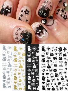 4入組3D黑白卡通可愛貓咪美甲貼紙貓星字母金色美甲滑片Y2K韓國日式美甲裝飾DIY - 彩色 - 查看 1