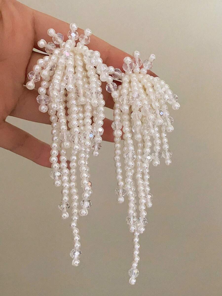 1 对手工制作的夸张人造珍珠女士耳环，适合派对和特殊场合的时尚配饰 - 白色 - 查看 1