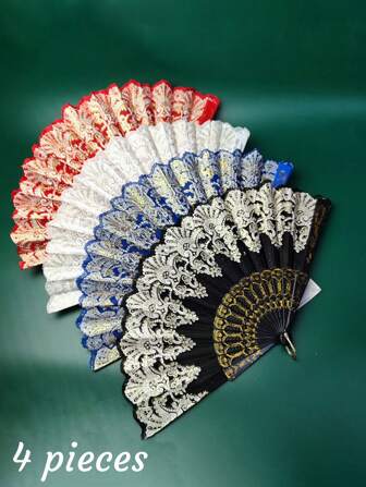 1pc/4pcs Elegant European-Style Folding Fan With Floral Pattern, Home Handheld Fan For Daily Use, Photoshoots, Events, And Dancing Halloween