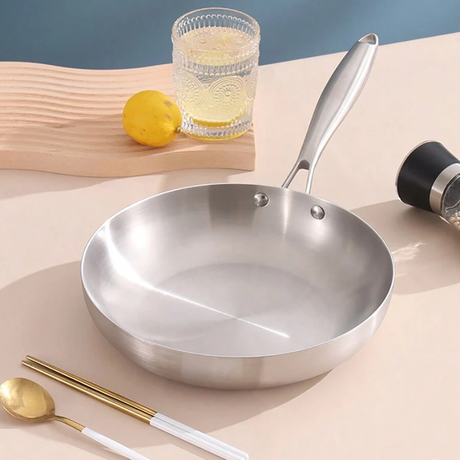 1pc 304 Stainless Steel Non-Stick Frying Pan For Steak Cooking, Without Coating - Silver - View 1