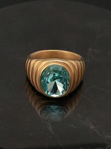 European And American Stainless Steel Plated Gold Ring, Stainless Steel 316 Synthetic Aquamarine Ring, Father's Day Gift, Holiday Gift