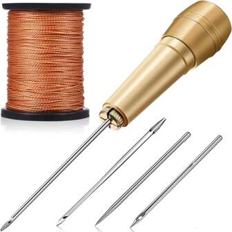 5入組錐形針，銅製手柄和3個針頭，50m尼龍線圈，適用於手工製作帆布皮革縫紉工具，鞋子和皮革修復