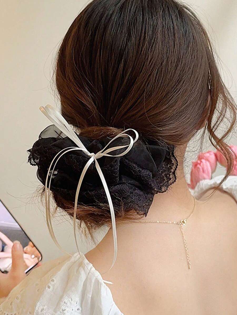 1 Dây Buộc Tóc Nữ Thời Trang Mới, Thiết Kế Nơ Ren Ngọt Ngào Dây Buộc Tóc Hàng Đầu - Đen và trắng - Xem 1