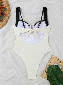 Traje de baño de una pieza con escote en V sexy y bloques de color de la marca Polovedo